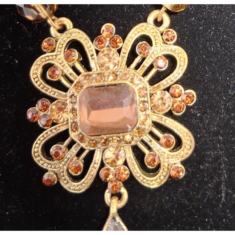 Avon Vintage Gold Tone Filigree Smoky Topaz Amb, Crystal Beaded Pendant Necklace - Picture 3 of 14